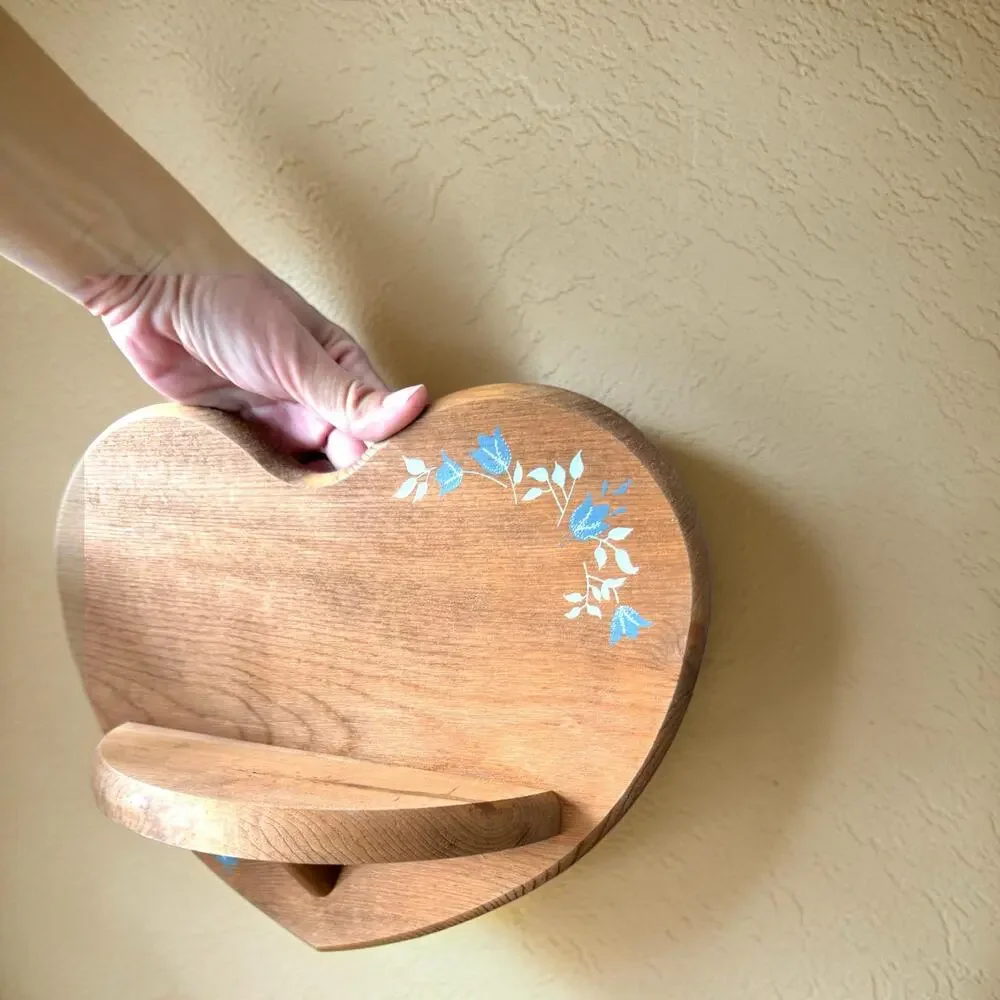 Vintage Wood Heart Wall Shelf Blue Tulip Stencil 1980s Country Cottage Folk Art